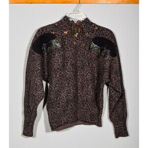 Vintage 80s Angora Wool Brown Embellished Animal Print Buffalo Sweater Sz S